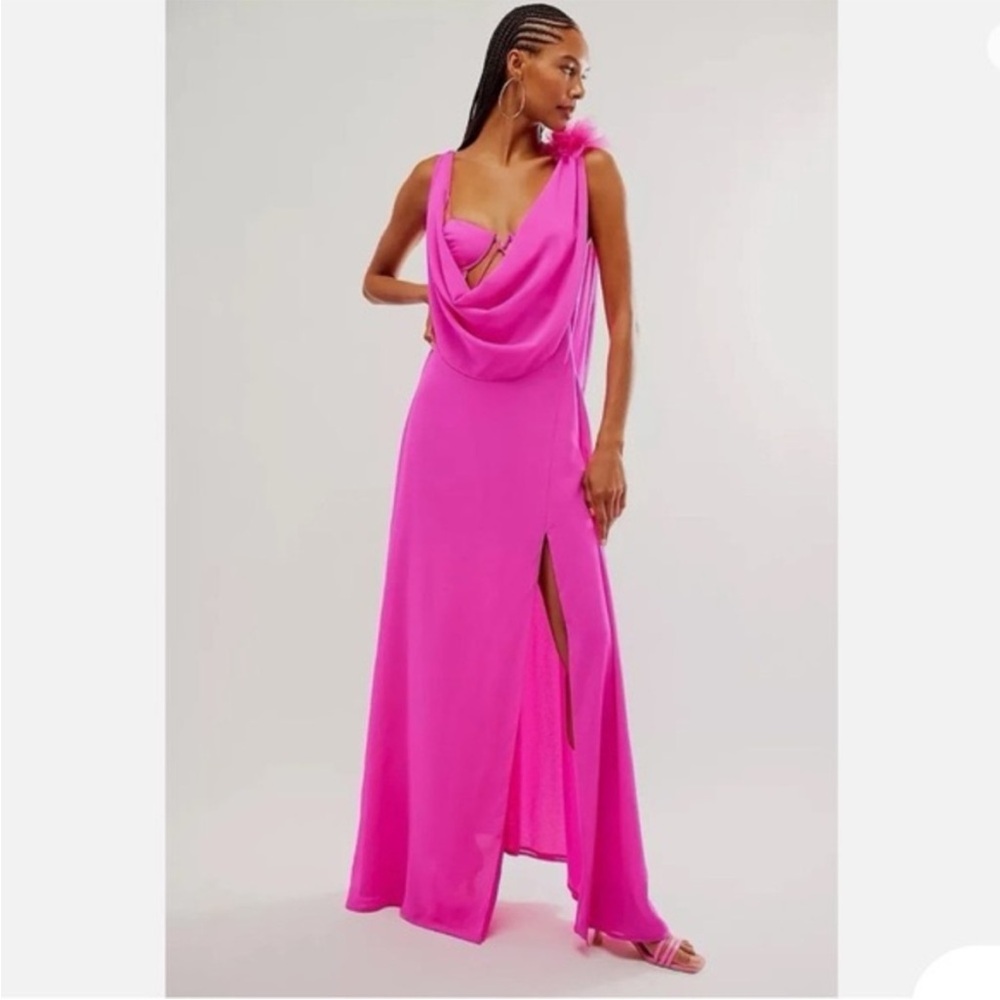 For Love And Lemons Davis Chiffon Bright Pink‎ Underwire Maxi Dress Gown - Picture 9 of 13